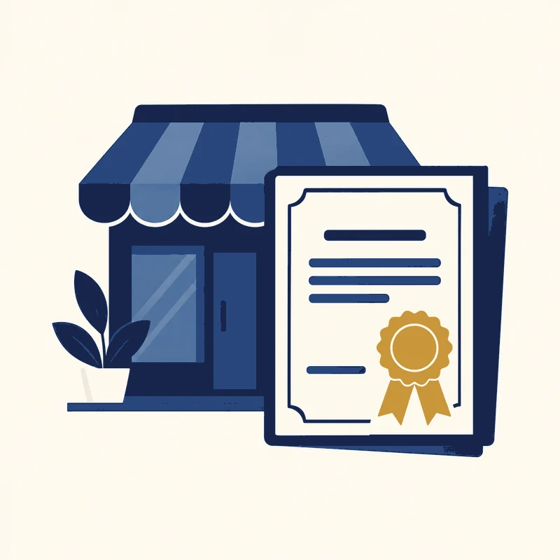Illustration of a shopfront beside a sealed license certificate
